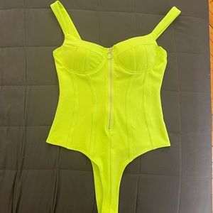 FASHION NOVA zip-up thong bodysuit NEON GREEN